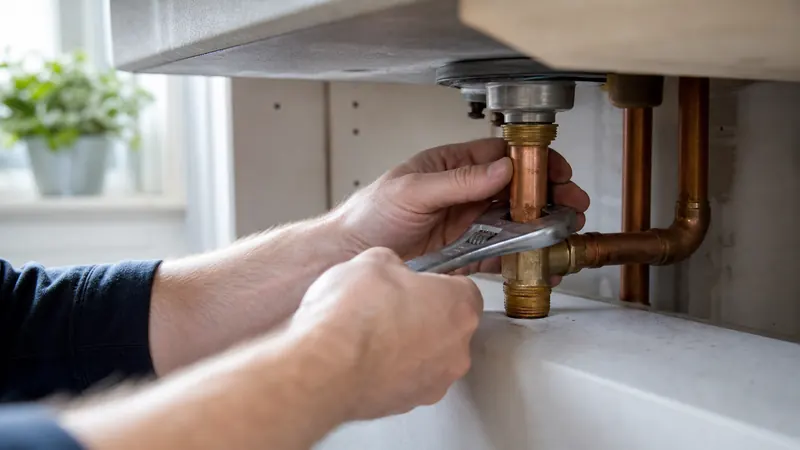 Plumber beside a combi boiler checking a booking on his phone