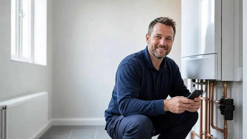 Plumber beside a boiler
