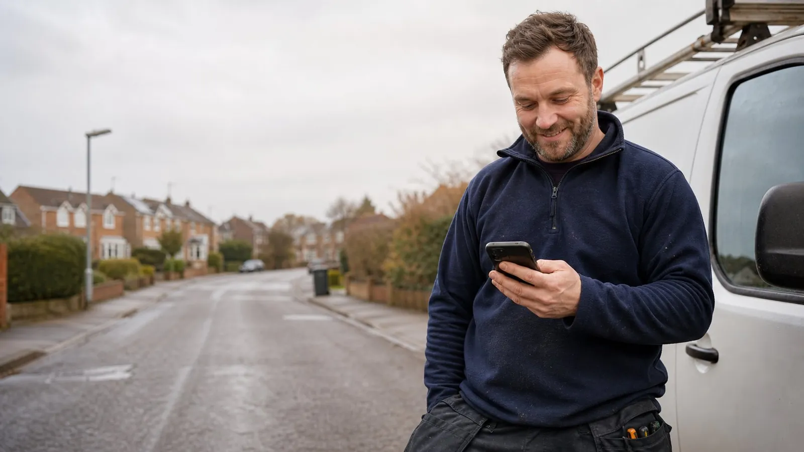 Tradesman checking his phone beside his van