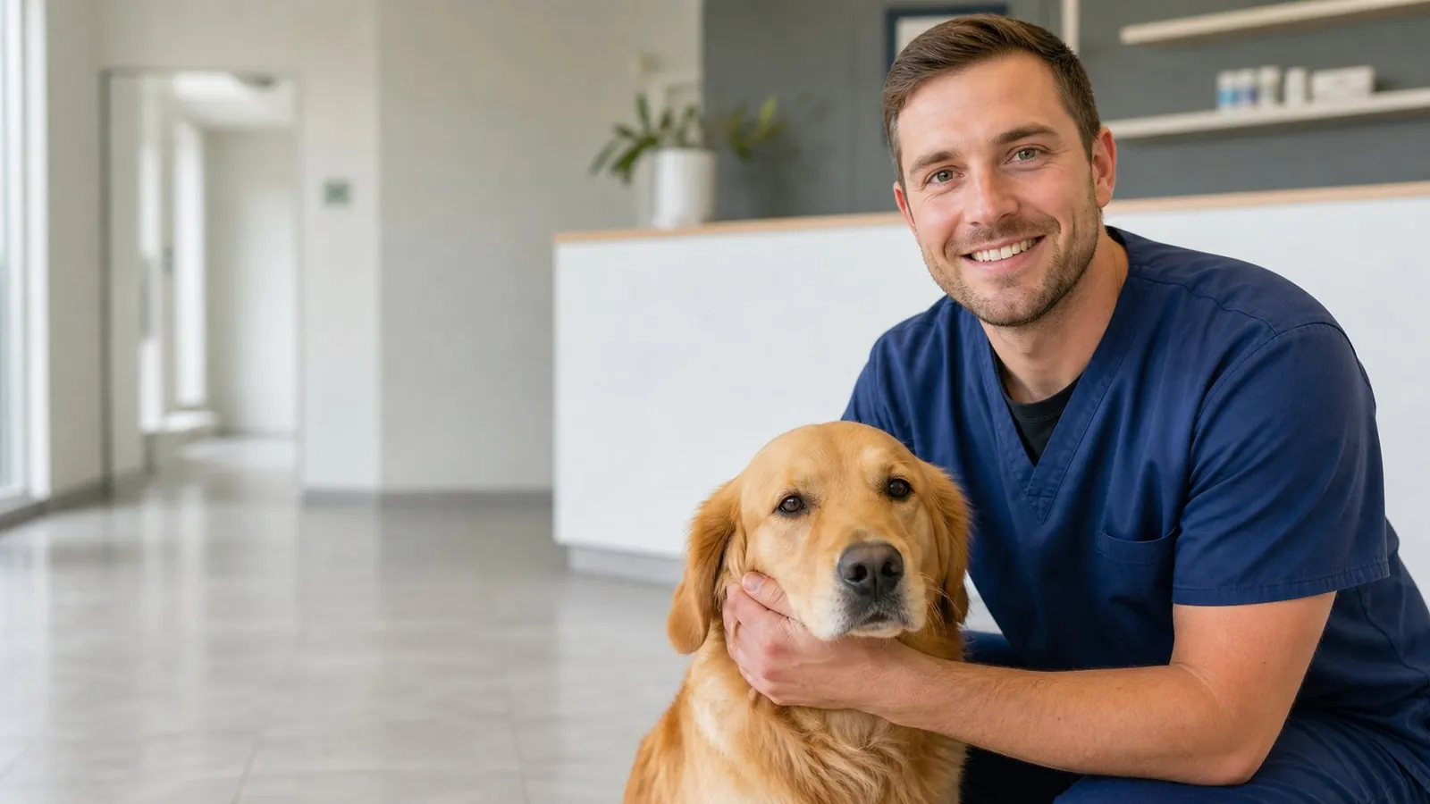 Veterinary surgeon with a golden retriever at a practice reception